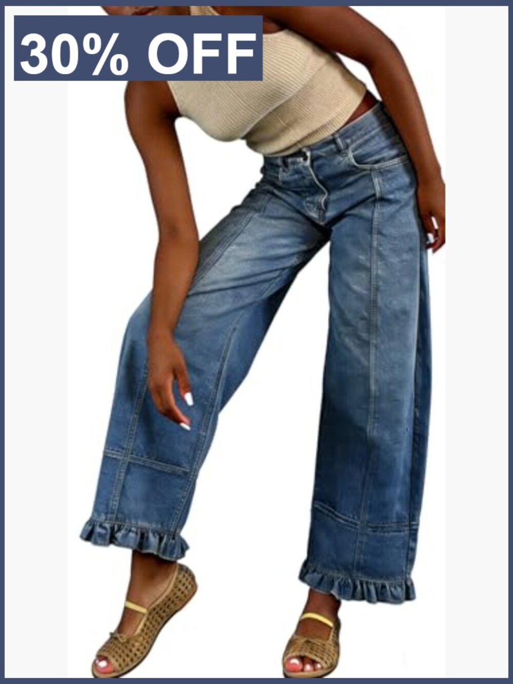 Floral Print Wide Leg Baggy Patchwork Denim Pants - Picture 6 of 7